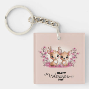 Cute Cartoon Bambi Lovers Hearts Valentine’s Day Keychain