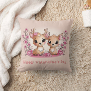 Cute Cartoon Bambi Lovers Hearts Valentine’s Day Throw Pillow