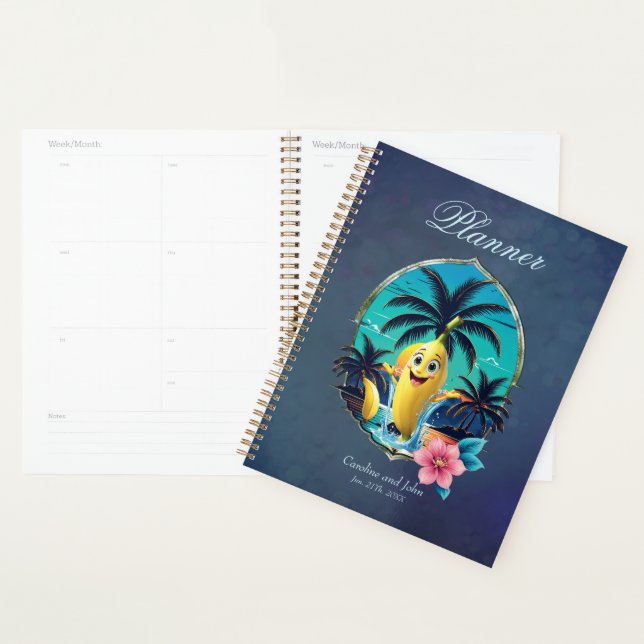 Cute cartoon banana on the tropical beach. planner (Display)