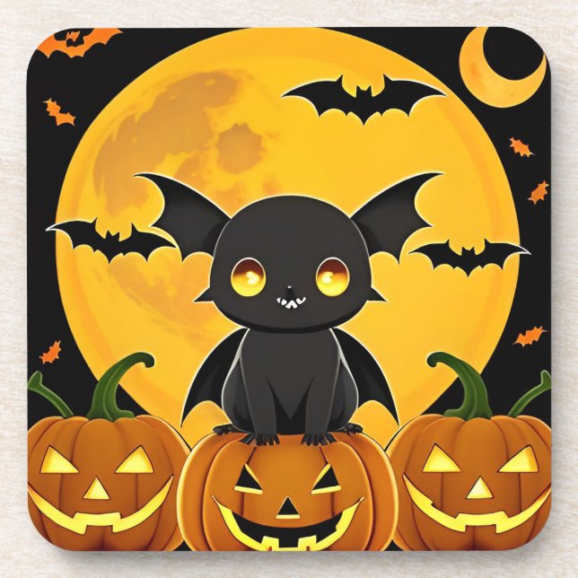 Cute Cartoon Bat and Jack-O'-Lantern Pumpkins Coaster (Front)