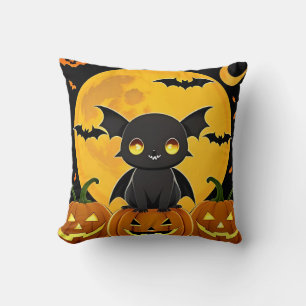 Cute Cartoon Bat and Jack-O'-Lantern Pumpkins Throw Pillow
