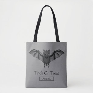 Cute Cartoon Bat With Trick Or Treat Text & Name Tote Bag