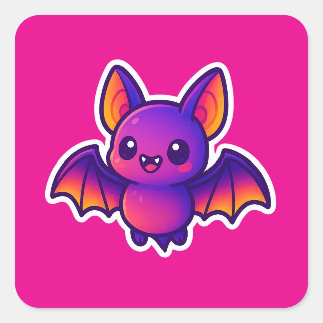 Cute Cartoon Bat with Vibrant Purple Wings and Big Square Sticker (Front)