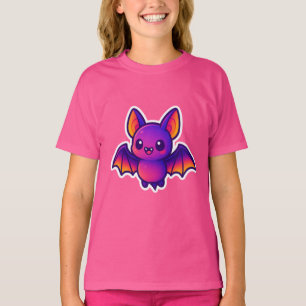 Cute Cartoon Bat with Vibrant Purple Wings and Big T-Shirt