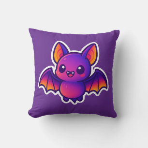 Cute Cartoon Bat with Vibrant Purple Wings and Big Throw Pillow