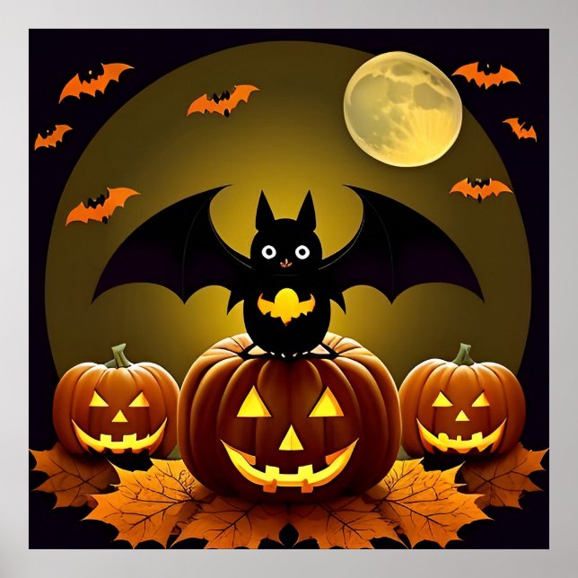 Cute Cartoon Bats Pumpkins Under Full Moon  Poster (Front)