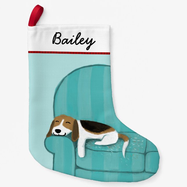 Cute Cartoon Beagle on Couch Fun Dog Lover's Small Christmas Stocking (Front)