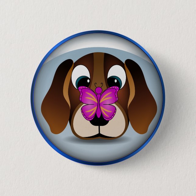 Cute Cartoon Beagle Puppy Dog and Butterfly Round 2 Inch Round Button (Front)