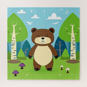 Cute Cartoon Bear in a Magical Forest Scene Jigsaw Puzzle