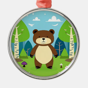 Cute Cartoon Bear in a Magical Forest Scene Metal Ornament