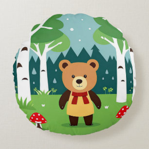 Cute Cartoon Bear in a Magical Forest Scene Round Pillow