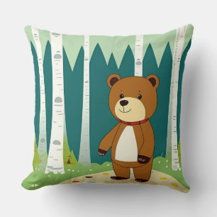 Cute Cartoon Bear in a Magical Forest Scene Throw Pillow