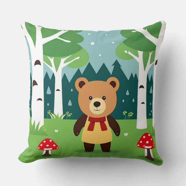 Cute Cartoon Bear in a Magical Forest Scene Throw Pillow (Front)