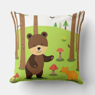 Cute Cartoon Bear in a Magical Forest Scene Throw Pillow
