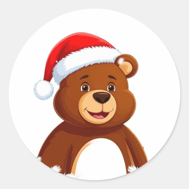 Cute Cartoon Bear in Santa Hat With Christmas Tree Classic Round Sticker (Front)