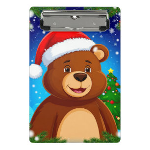 Cute Cartoon Bear in Santa Hat With Christmas Tree Mini Clipboard