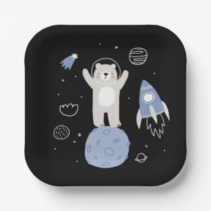 Cute Cartoon Bear In Space Paper Plate