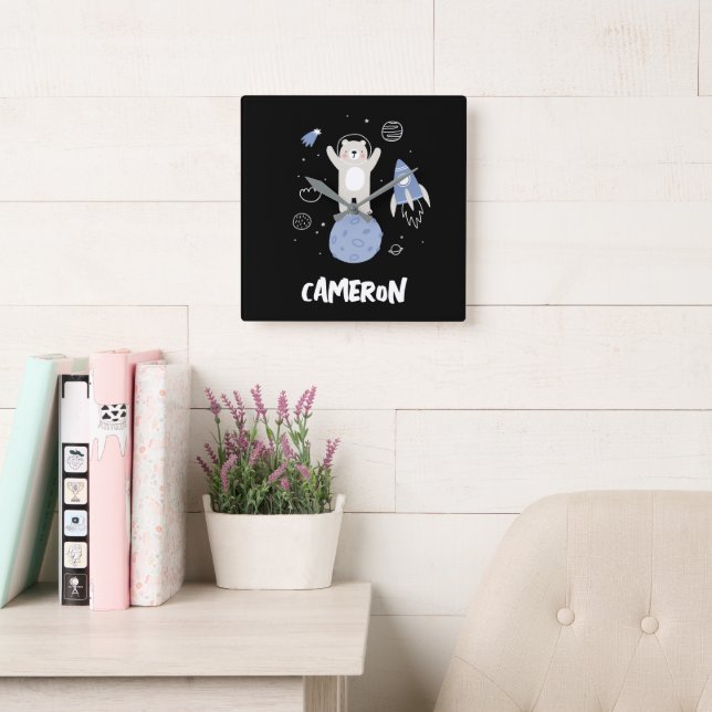Cute Cartoon Bear In Space Square Wall Clock (Reading Room)