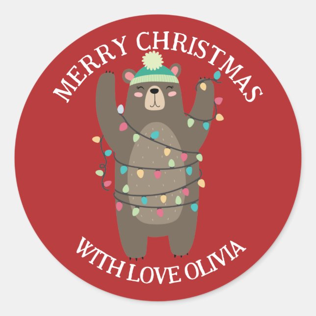 Cute Cartoon Bear Tangled Christmas Lights Classic Round Sticker (Front)