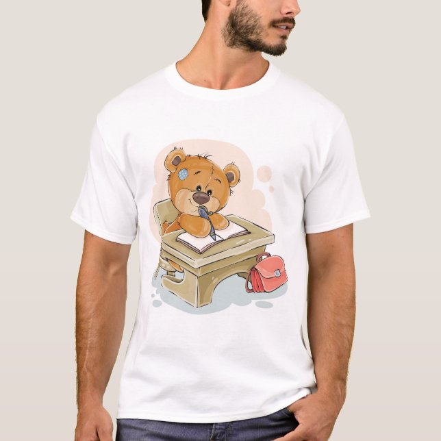Cute Cartoon Bear Writing a Book T-Shirt (Front)
