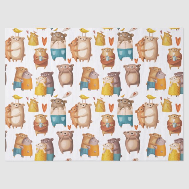 Cute Cartoon Bears on White Decoupage Tissue Paper (Front)
