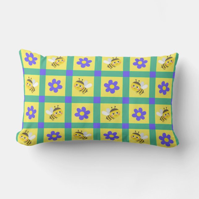 Cute Cartoon Bee and Flower Pattern Lumbar Pillow (Front)