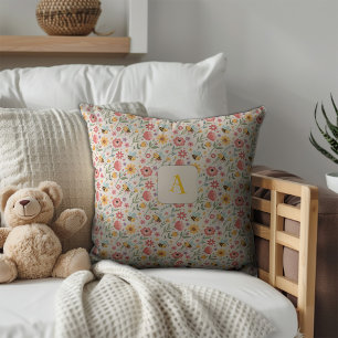 Cute cartoon bee flower blue pattern monogram throw pillow