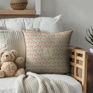 Cute cartoon bee flower green pattern initial throw pillow