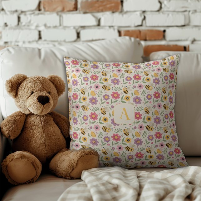 Cute cartoon bee flower green pattern monogram throw pillow (Creator Uploaded)