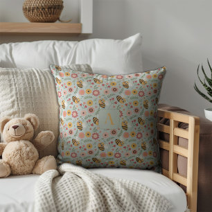Cute cartoon bee flower yellow pattern monogram throw pillow