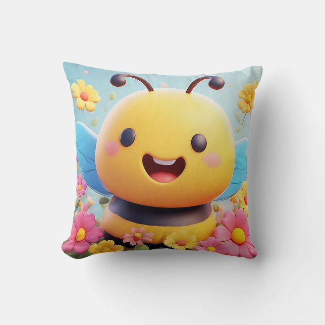 Cute Cartoon Bee Surrounded by Colourful Flowers Throw Pillow (Front)