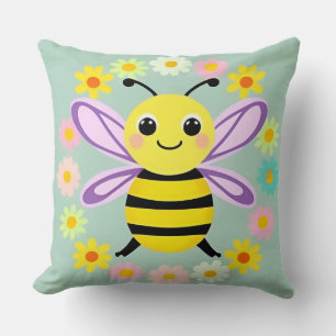 Cute Cartoon Bee Surrounded by Colourful Flowers Throw Pillow