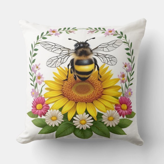 Cute Cartoon Bee Surrounded by Colourful Flowers Throw Pillow (Front)