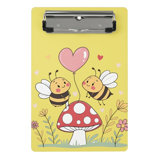 Cute Cartoon Bees with Heart Balloon on Mushroom Mini Clipboard (Front)