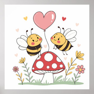 Cute Cartoon Bees with Heart Balloon on Mushroom Poster