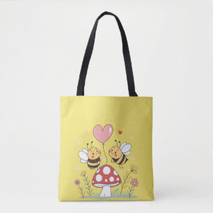 Cute Cartoon Bees with Heart Balloon on Mushroom Tote Bag
