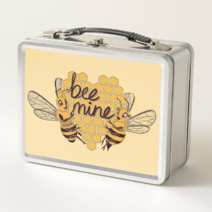Cute Cartoon Bees with Hexagonal Honeycomb Heart Metal Lunch Box