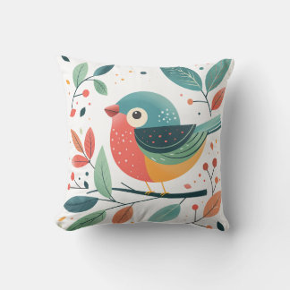 Cute Cartoon Bird with Leaves and Berries Throw Pillow