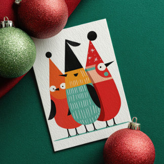 Cute Cartoon Birds Retro Merry Christmas Photo Holiday Card