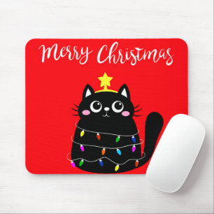Cute cartoon black cat Christmas tree Mouse Pad