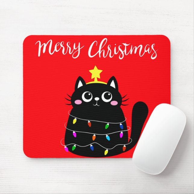 Cute cartoon black cat Christmas tree Mouse Pad (With Mouse)