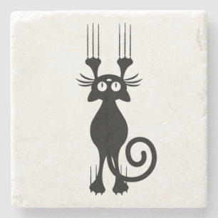 Cute Cartoon Black Cat Scratching Stone Coaster