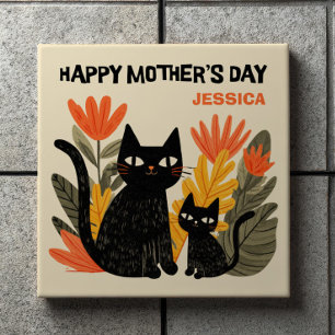 Cute Cartoon Black Cats Floral Happy Mother's Day Tile