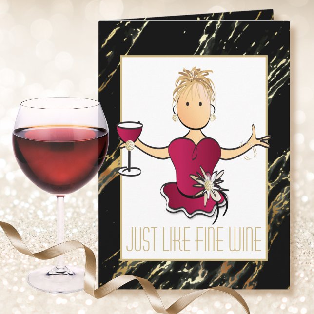 Cute Cartoon Black Gold Sparkle Red Wine Birthday  Card (Creator Uploaded)