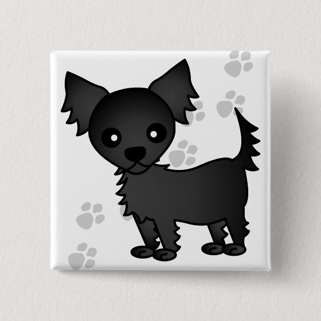 Cute Cartoon Black Long-haired Chihuahua 2 Inch Square Button (Front)