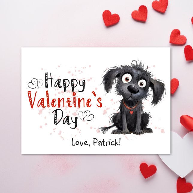Cute Cartoon Black Puppy Happy Valentines  Holiday Card (Cute Cartoon Black Puppy Happy Valentines Holiday Card - Cute Cartoon Black Puppy, Printable)