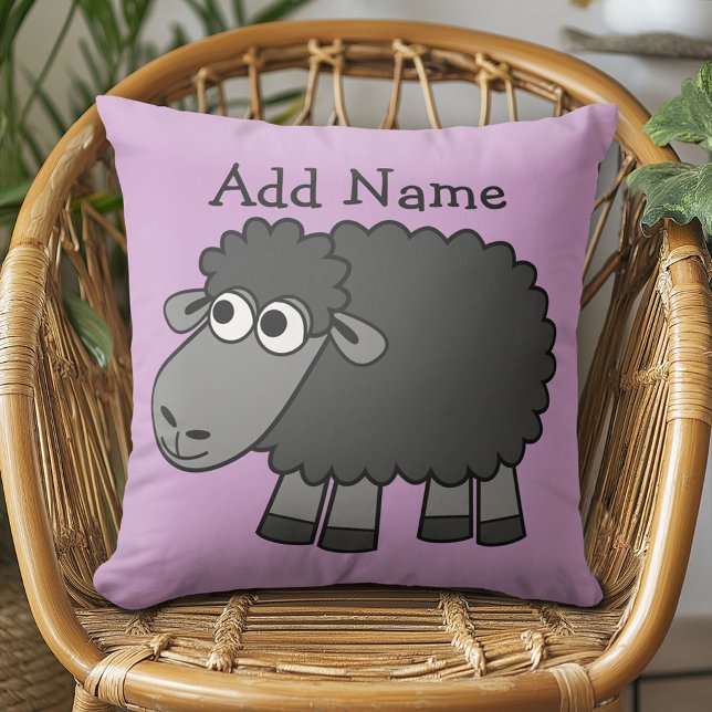 Cute Cartoon Black Sheep with Name Throw Pillow (Creator Uploaded)