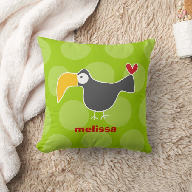 Cute Cartoon Black Toucan Bird Love Fun Dots Kids Throw Pillow (Blanket)