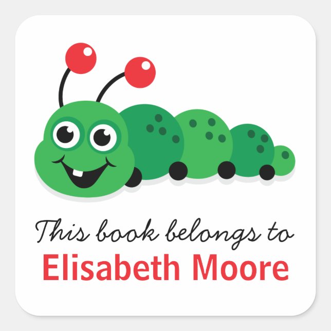 Cute cartoon bookworm personalized bookplate square sticker (Front)