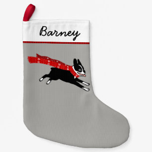 Cute Cartoon Boston Terrier with Custom Text Small Christmas Stocking